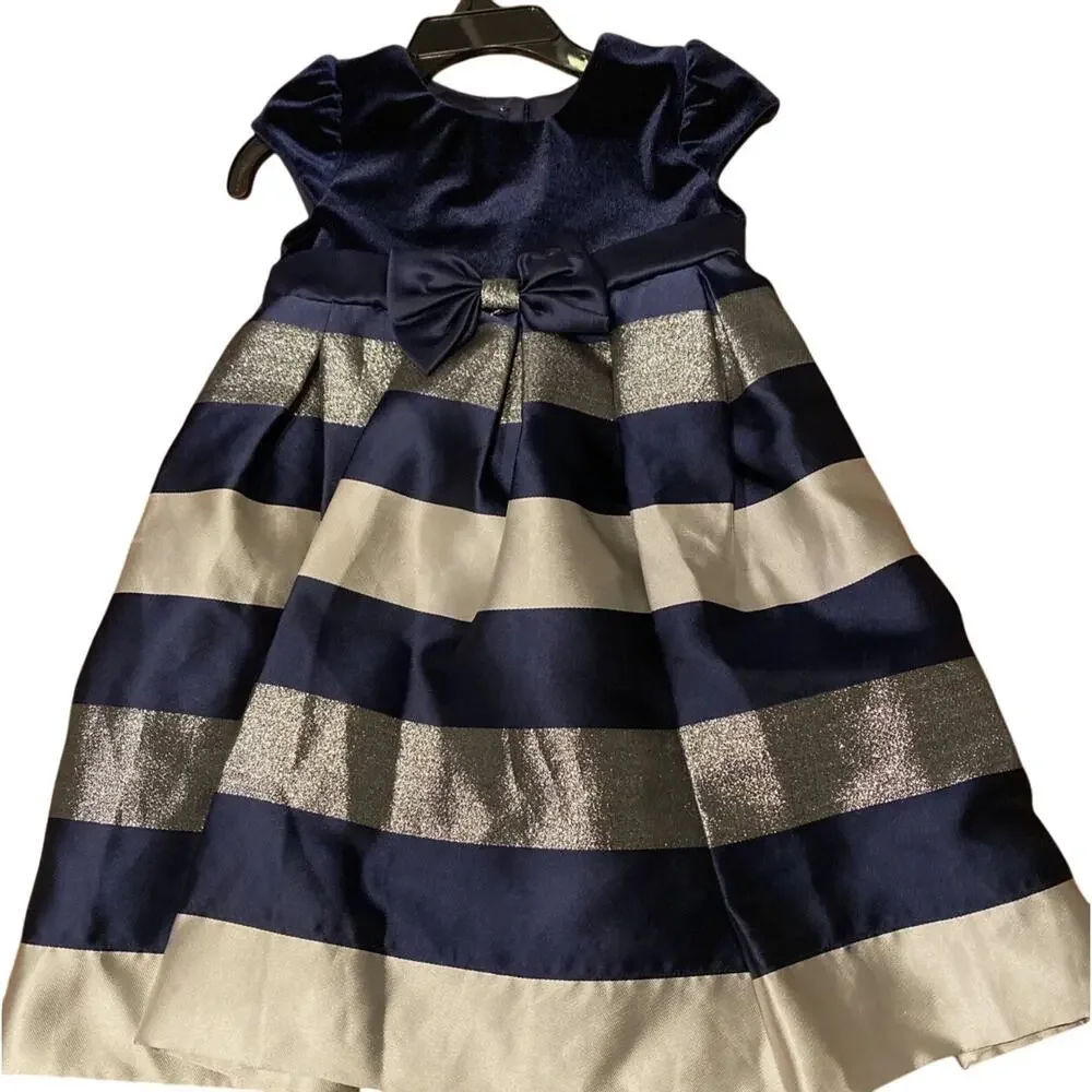 Jona Michelle Girls Special Occasion Blue Velvet Striped A Line Dress